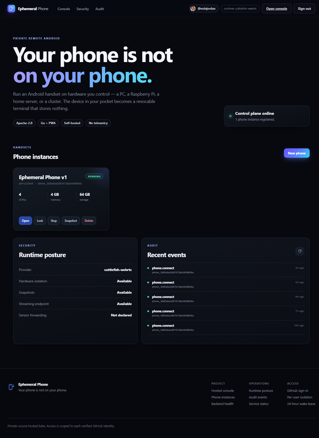 Authenticated Ephemeral Phone dashboard