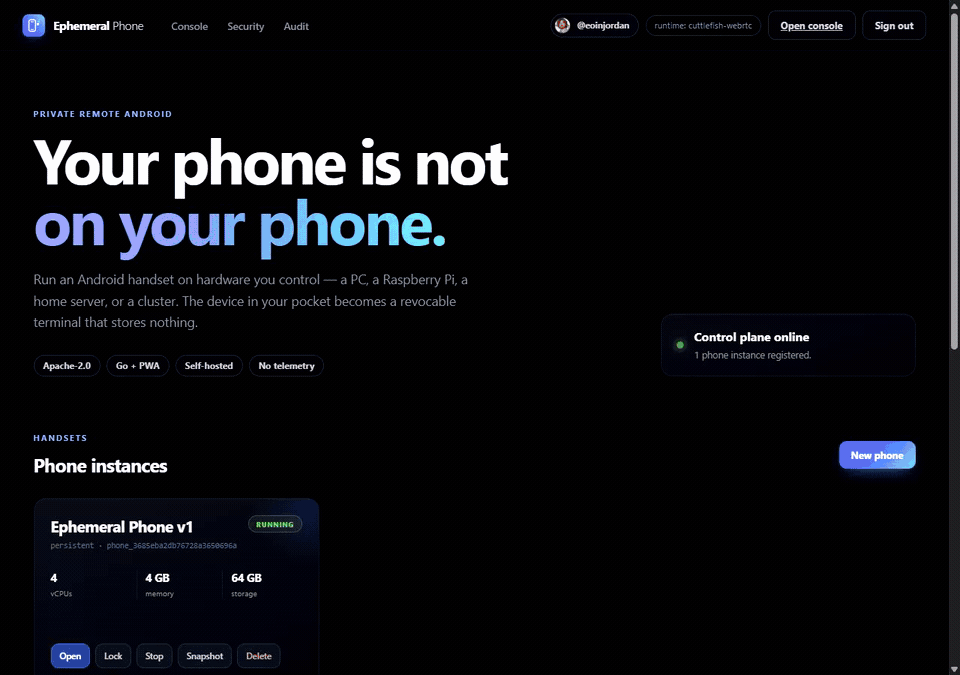 Animated Ephemeral Phone demo moving from the authenticated dashboard to live Android control